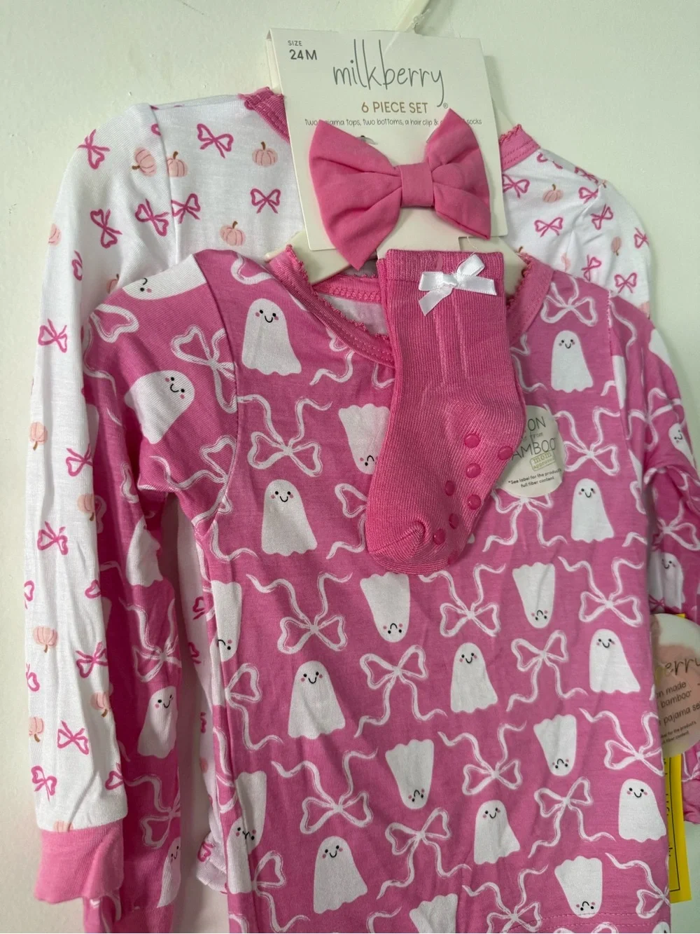 Milkberry Toddler Pink Ghost Bow Pajama Set with Socks & Headband